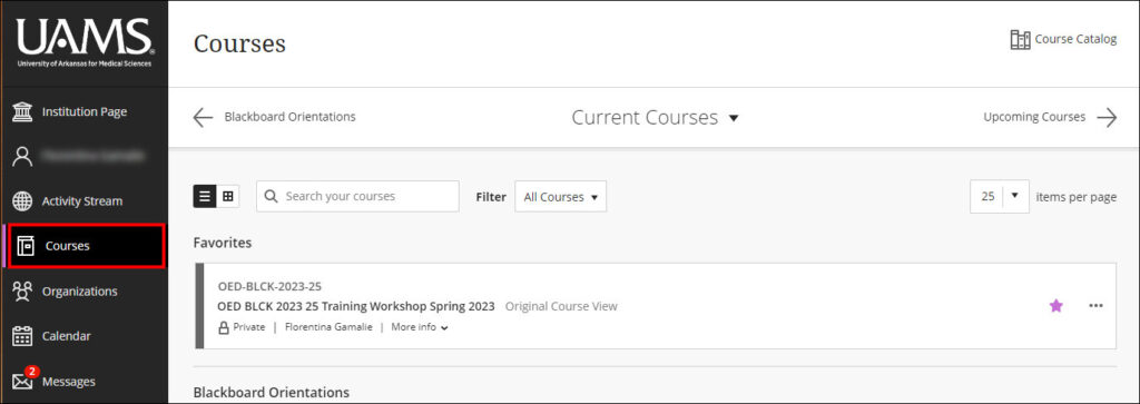 Select the courses button on the left menu of Blackboard Learn.