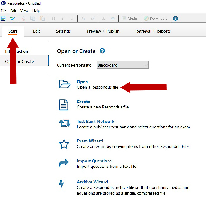 Main Respondus 4.0 interface. Open a file from the start menu.