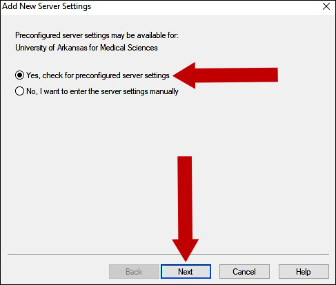 On the Add New Server Settings window choose Yes, check for preconfigured server settings and click Next