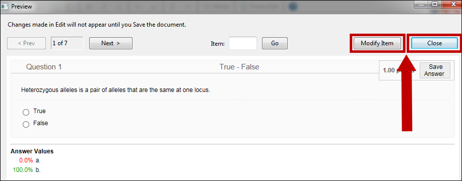 Preview questions. Use Modify Item or Close.