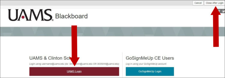 Use the red button to log in to Blackboard. Close after login.