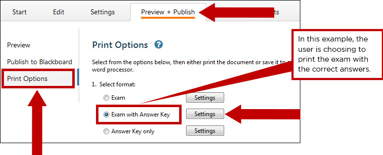 On the Preview + Publish tab use the Print Options and choose how you need to print the exam.