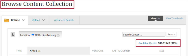 On the Browse Content Collection window look for the Available Quota notice.