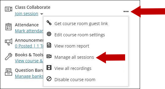 Screenshot of Class Collaborate More Options menu open and arrow pointing to View room report.