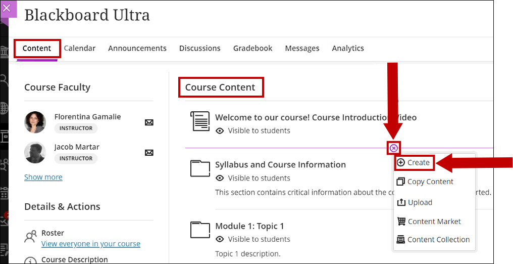 On the Content page use the plus sign to add content and choose Create.
