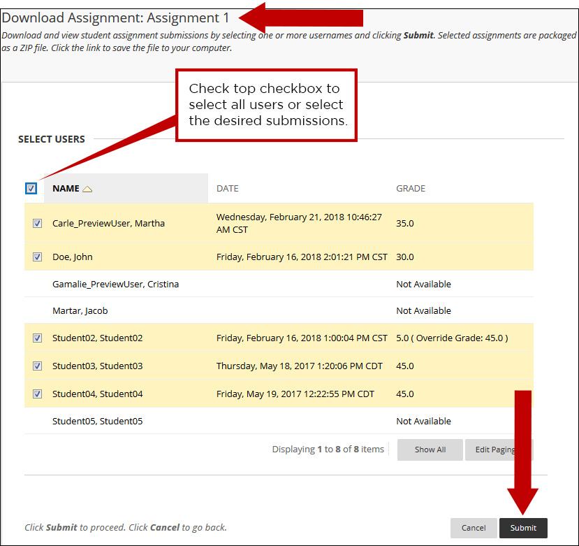 Image of the Download Assignment page with an arrow pointing to Assignment 1 and an arrow pointing to the submit button. A callout box states, "Check top checkbox to select all users or select the desired submissions."