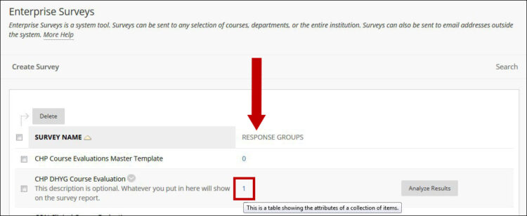 Screenshot of the Enterprise Survey page with an arrow pointing to Response Groups and a rectangle circling the number of responses.