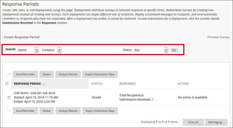 Screenshot of Response Periods with rectangle circling Search area.