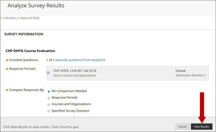 Screenshot of Analyze Results Survey page with an arrow pointing to View Results.