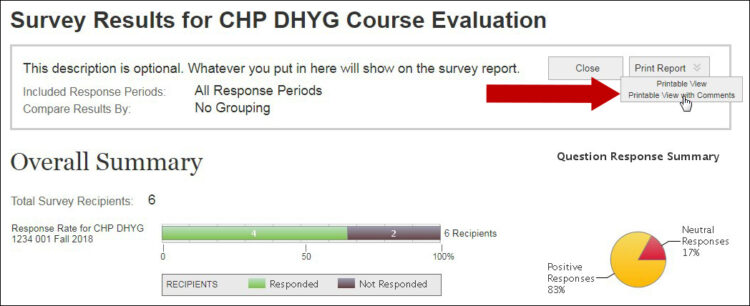 Screenshot of survey results with arrow pointing to Print Report.