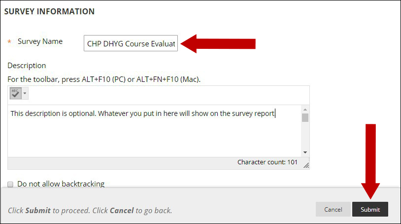 Screenshot of Survey Information area with arrow pointing to Survey Name and the Submit button.