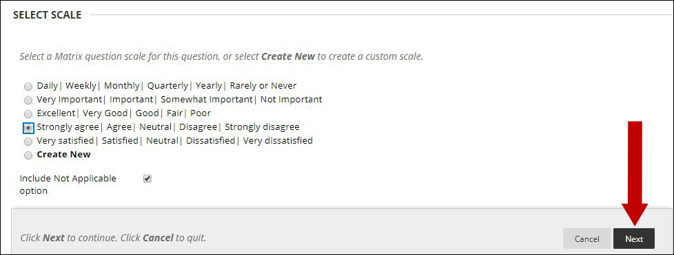 Screenshot of the Create Matrix question area with an arrow pointing to the Next button.
