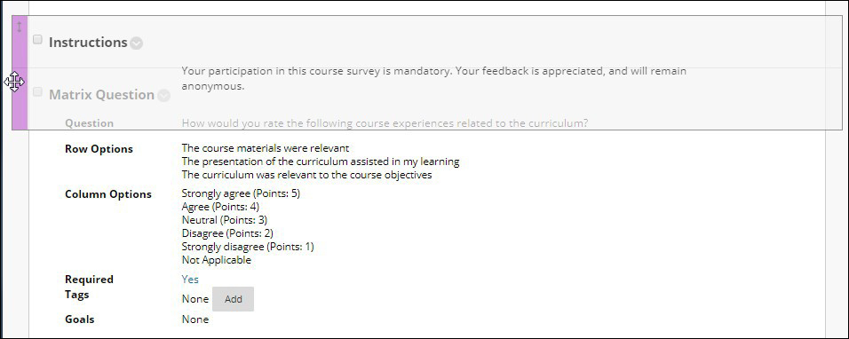 Screenshot of survey questions and visual elements displaying the up and down arrows that reorder the questions in the survey.