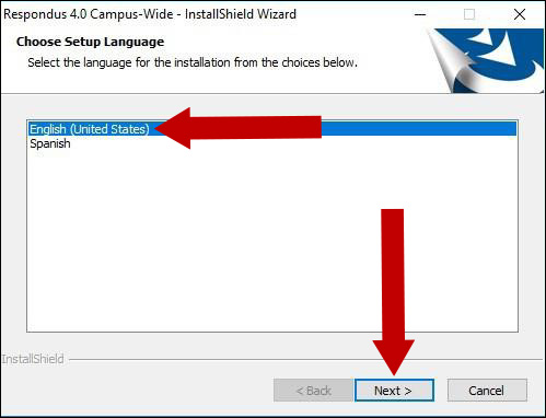 Double click the Respondus4Campus.exe file to install Respondus 4.0. After you allow the application to run on your computer, select the language and click Next.