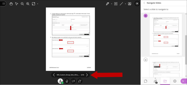 Image of open content being shared with red arrow pointing to navigation arrows at bottom of screen.