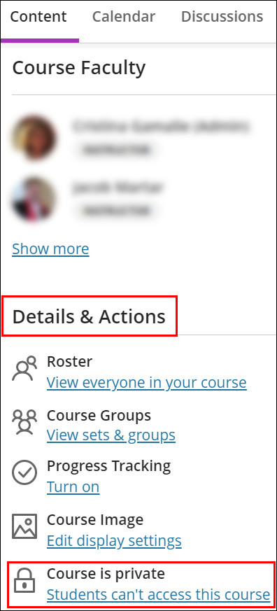 In the course menu, under Details and Actions, use the Course is private link