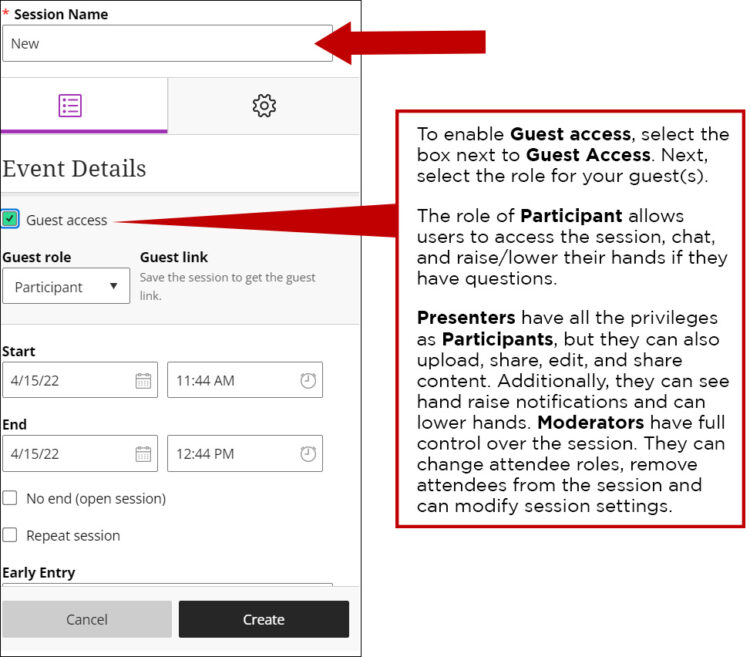 Screenshot of Event Details area with arrow pointing to text area where users enter the title of the session.