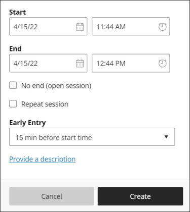 Screenshot of the event details area where users enter the start and end dates and times.