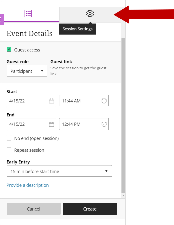 Screenshot of Event Details area with an arrow pointing toward the Session Settings tab.