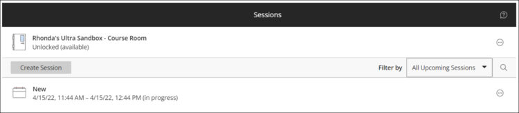 Screenshot of the newly created session in the sessions area of Collaborate.