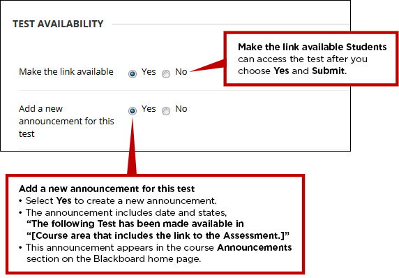 Choose options for the test availability.