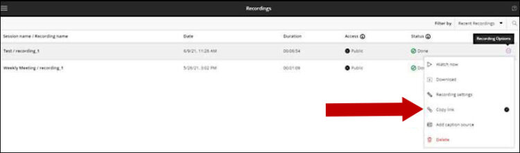 Screenshot pointing to Recording Options menu open with arrow pointing to Copy Link.