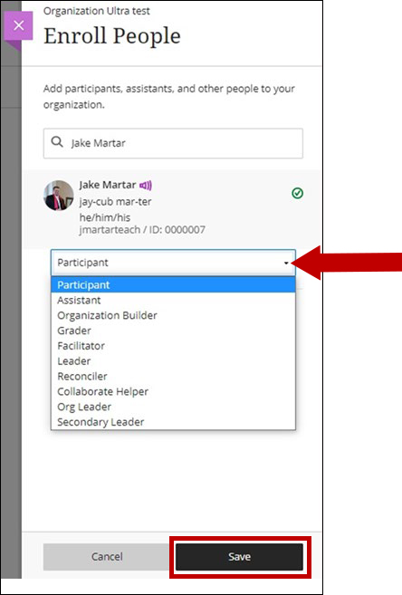 Screenshot of enroll people with user selected and drop down menu under user's name open displaying the enrollment options for the user.