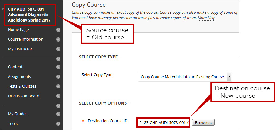 Check source and destination courses.