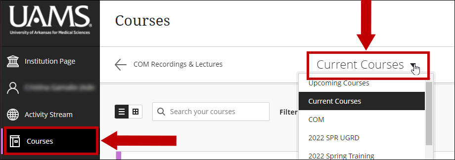Courses page showing the Current Courses tab