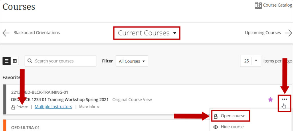 The available options for a course from the Courses page.