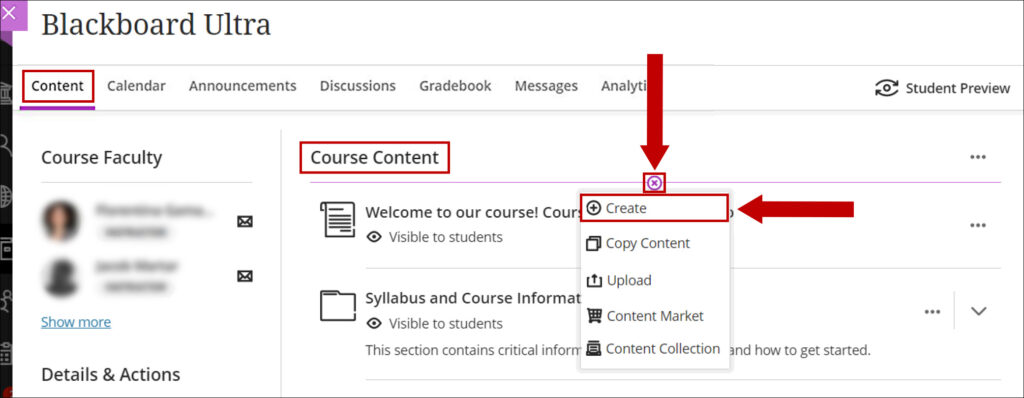 On the Course Content page use the plus sign to add content.