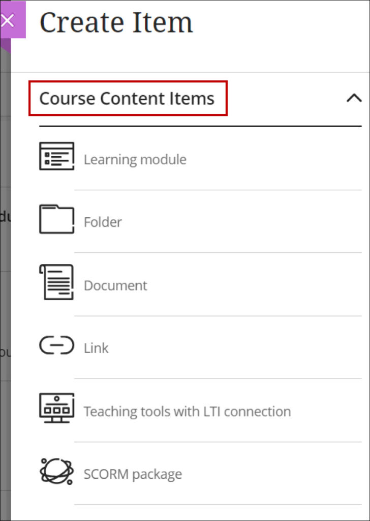 The list of the Create Content items: Learning module, Folder, Document, Link, Teaching tools with LTI connection and SCORM package.