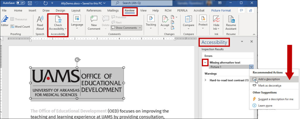 Microsoft Word provides information about adding image descriptions on the Review tab.
