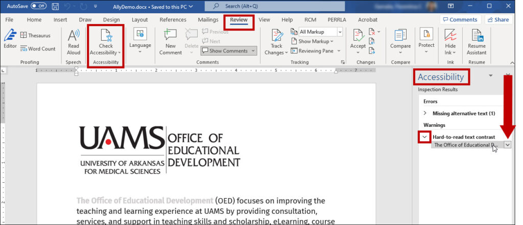 Word provides information about accessibility issue in a document under the Review tab.