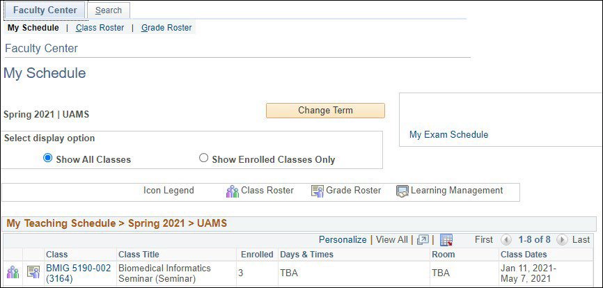Image of Faculty Center, My Schedule page on the Class Schedule tab. A class is displayed on this page.