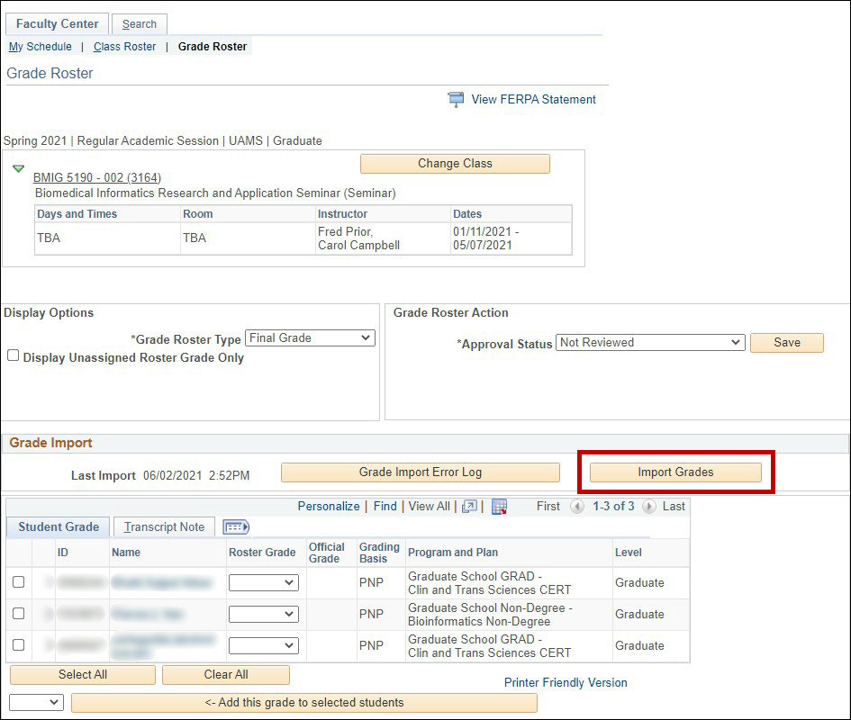 Image of the Grade Roster page with a circle encompassing Import Grades button.