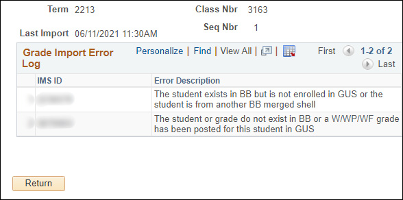 Image of the Grade Import Error Log displaying the Error Description.