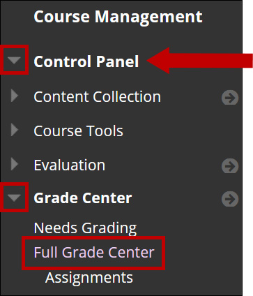 Image of Course management area with a circle encompassing the Control Panel chevron. Under the Control Panel, the chevron menu area is expanded to display the options. The Grade Center option is circled and expanded. The Full Grade Center option beneath the Grade Center is circled.