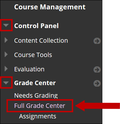 Image of the course management area. A circle encompasses the Control Panel chevron with an arrow is pointing toward Control Panel. A circle encompasses Grade Center where the menu under Grade Center is expanded displaying the options. Full Grade Center is circled.