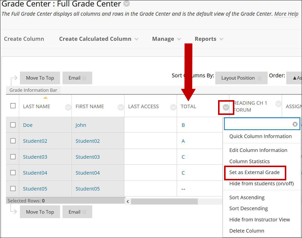 Image of the Full Grade Center. The chevron menu drop down is encircled and the menu options are expanded. The Set an External Grade option is circled.