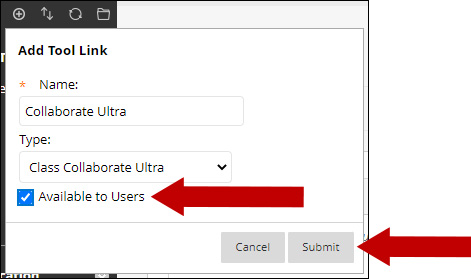 Image of Add Tool Link pop-up area. An arrow is pointing to Check box for Available to user and another arrow is pointing to the submit button.