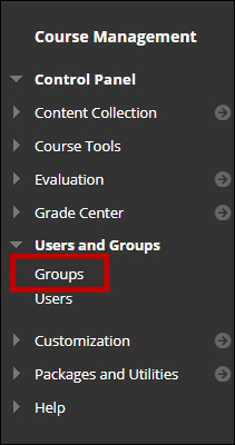 Image of Course Management menu. Under Users and Groups a red box is around Groups.