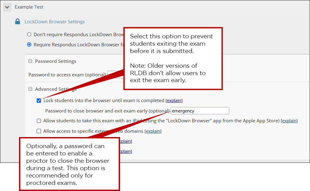 advanced settings, lock students into the browser until the exam is completed