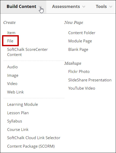 Choose File from the Build Content list.