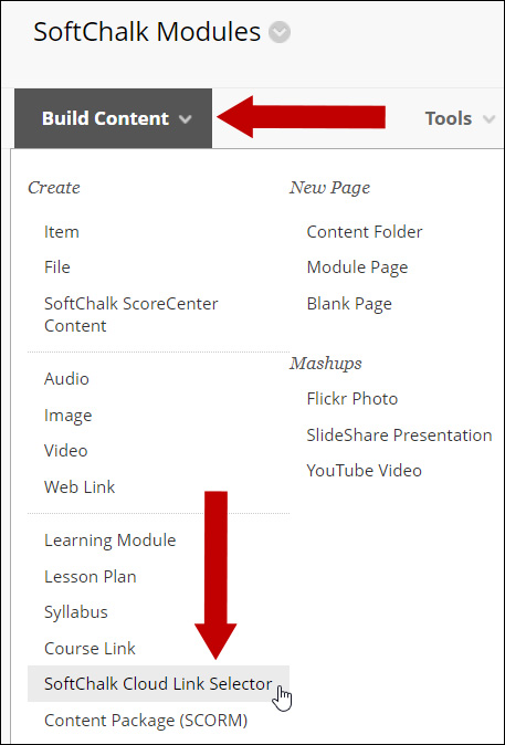 Under Build Content, add SoftChalk Cloud Link Selector.