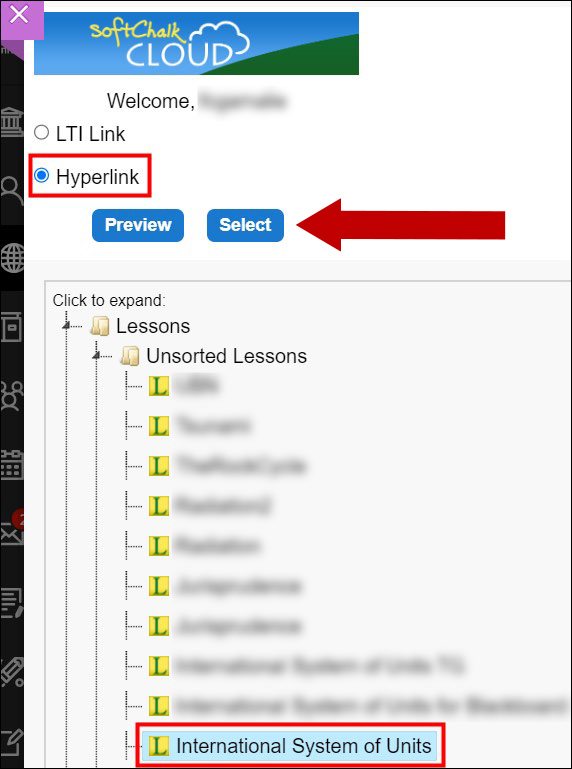 Select a lesson, choose Hyperlink, and click Select.