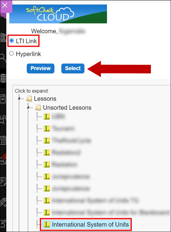 Select a lesson, choose LTI Link, and click Select.