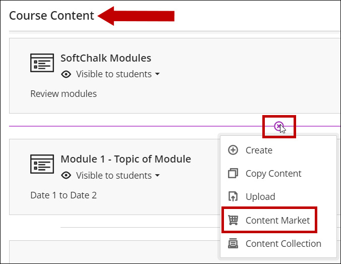 Select the desired location in the Course Content click the + sign to add content and choose Content Market.