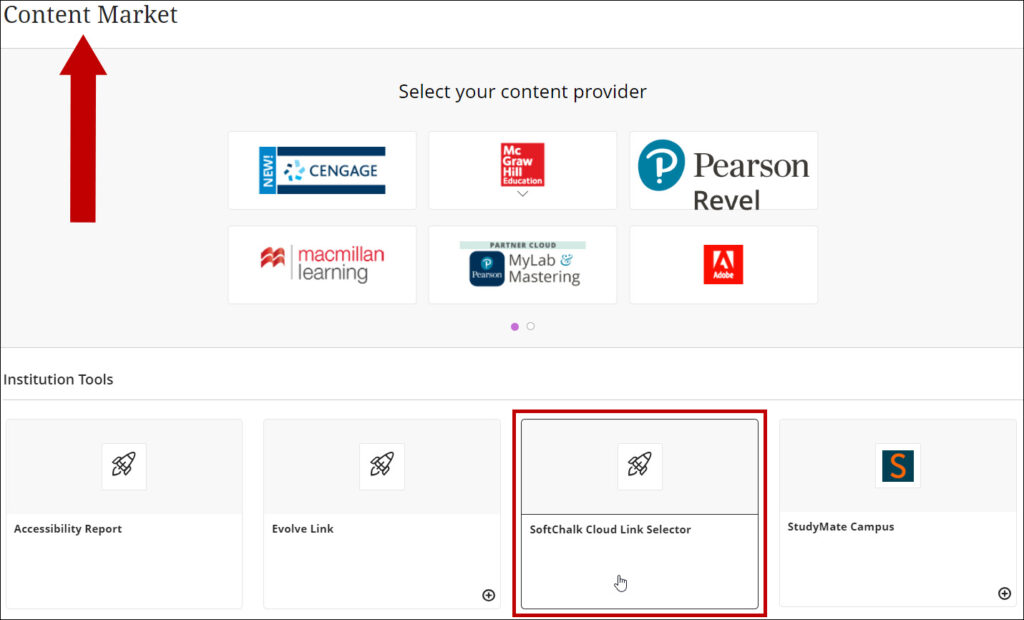 On the Content Market page choose SoftChalk Cloud Link Selector.