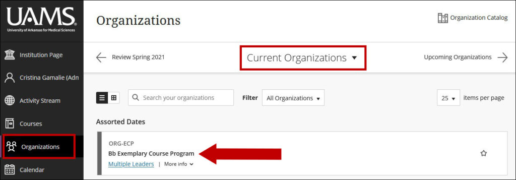 Image of Organizations in Blackboard. Organizations link is circled on the base navigation menu. Current Organizations is selected and an arrow is pointing to the Organization selected.